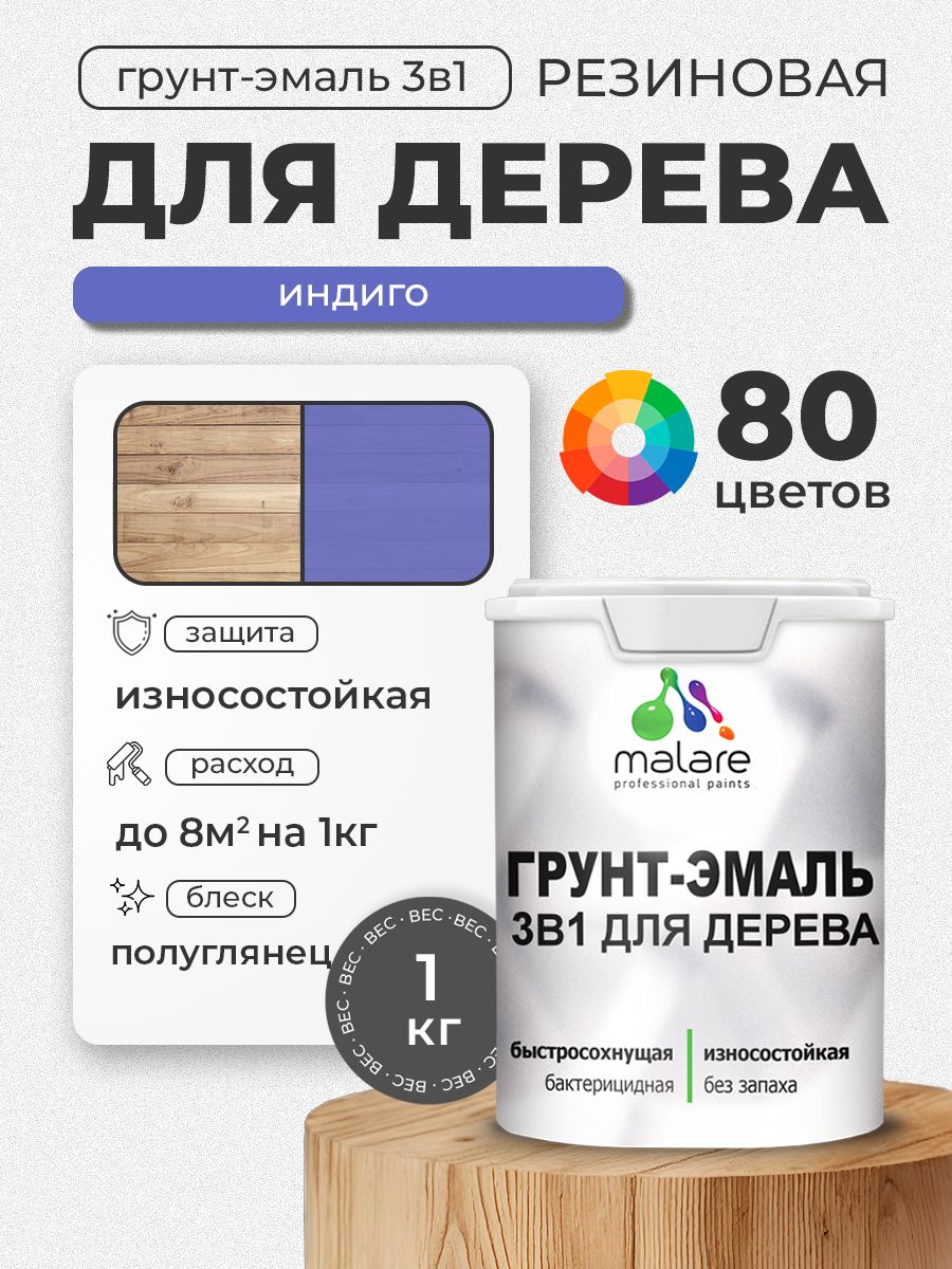 Латексная Грунт-Эмаль 3 в 1 Malare для деревянных поверхностей с антисептическим эффектом, быстросохнущая моющаяся без запаха полуглянцевая, индиго, 1 кг