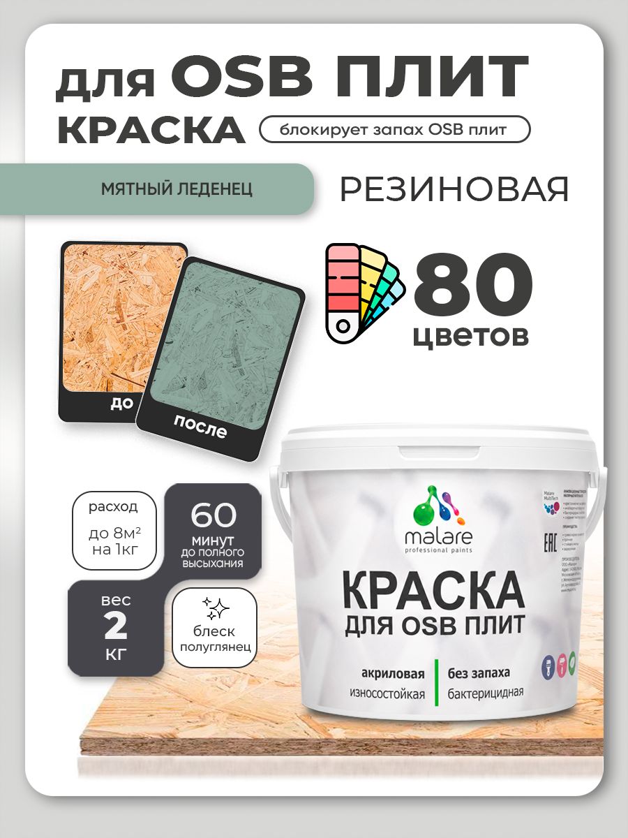 Резиновая краска для ОСБ плит Malare акриловая краска для дерева для наружных и внутренних работ, быстросохнущая без запаха полуглянцевая, мятный леденец, 2 кг