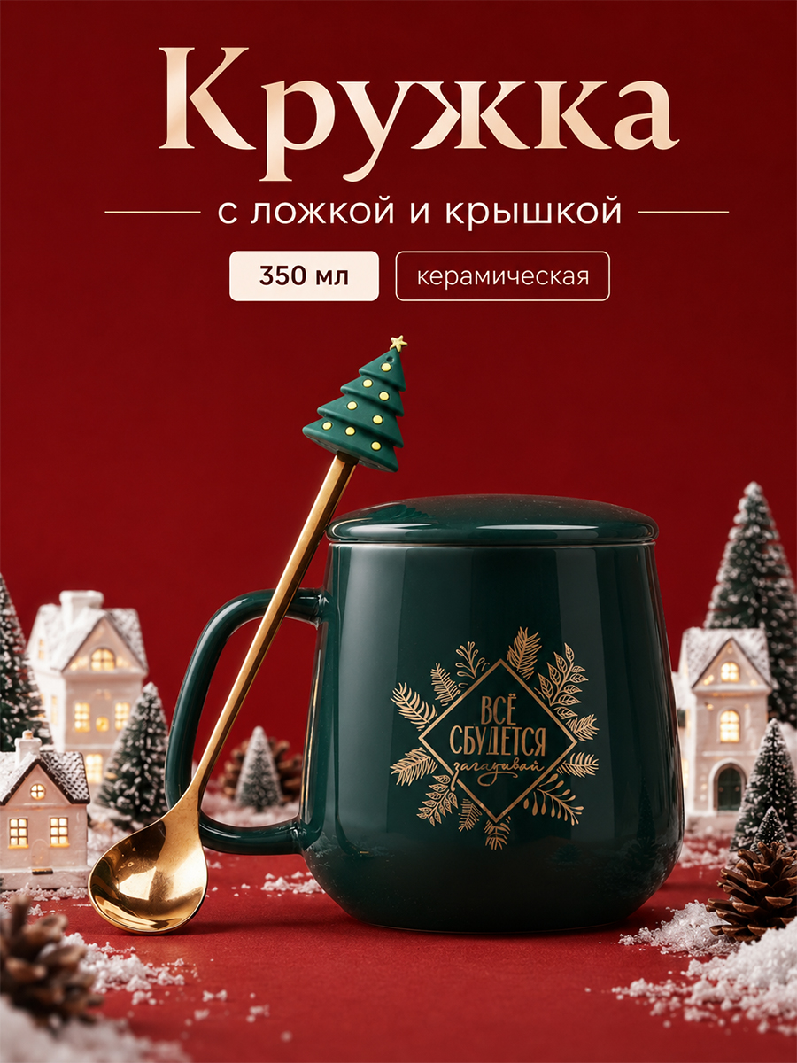 Кружка новогодняя подарочная "Все сбудется", 350 мл, с крышкой и ложкой