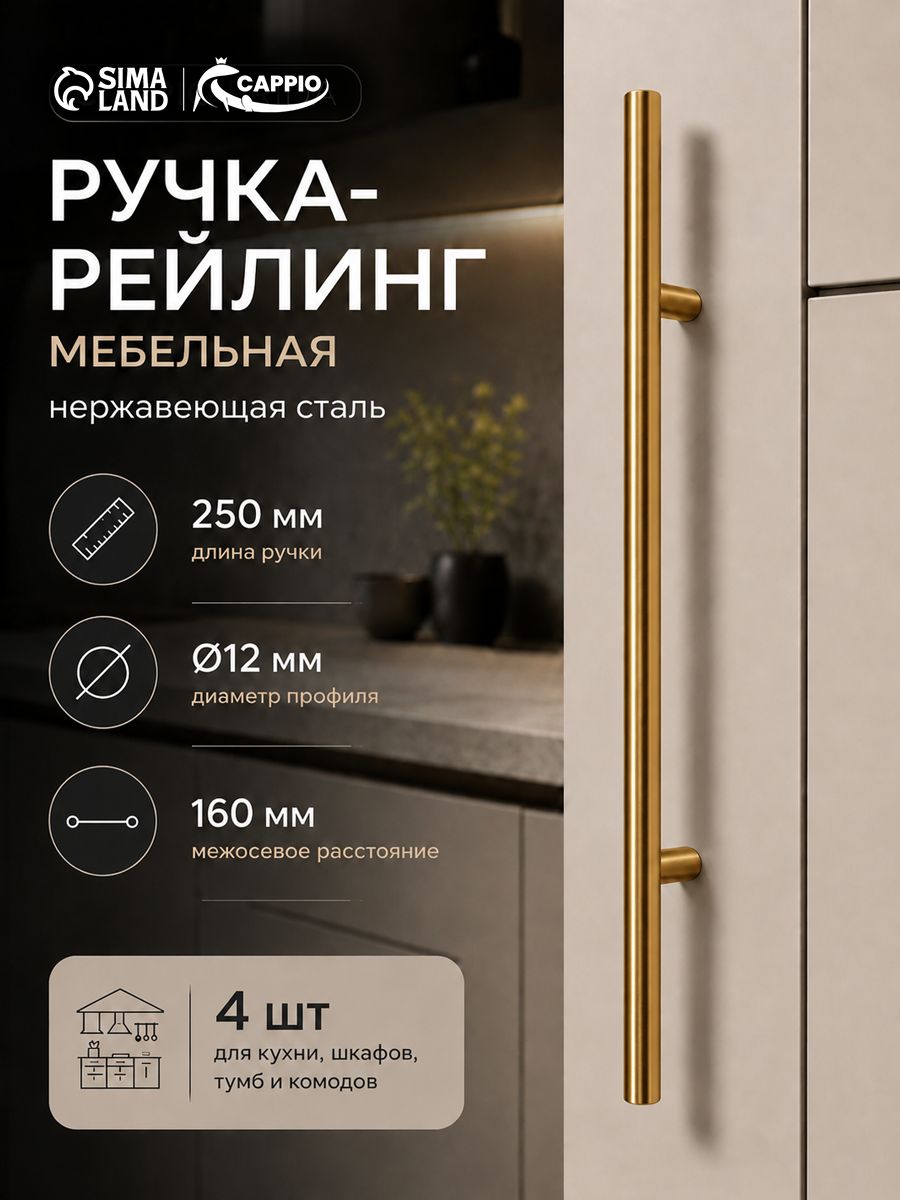 Мебельные ручки рейлинг м/о 160 мм, цвет золото, набор 4 шт