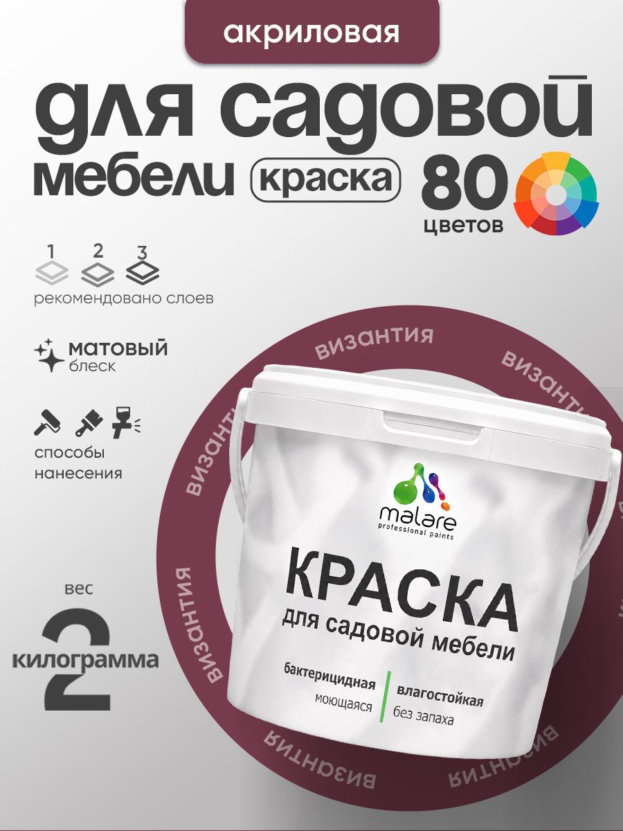 Акриловая краска Malare для садовой мебели/ по дереву, для наружных и внутренних работ/ быстросохнущая моющаяся без запаха матовая, византия, 2 кг