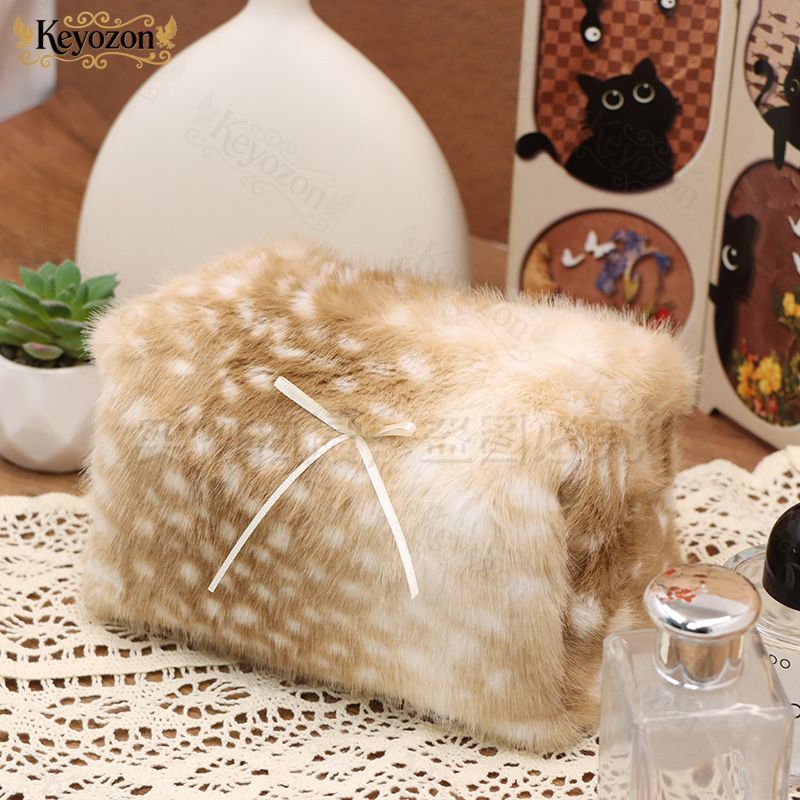Winter Bambi Fleece Cosmetic Bag with Bow, Large Capacity Travel Organizer