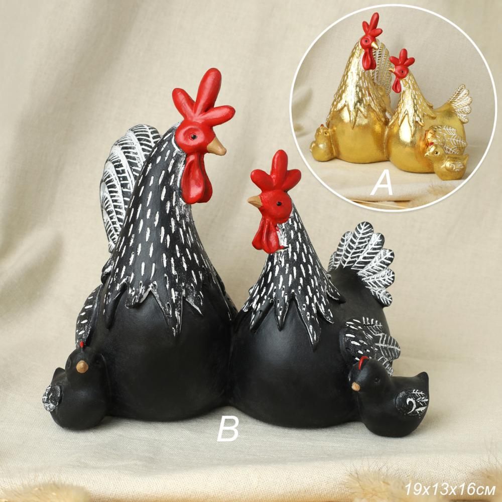 Декоративная статуэтка Петух, курица и цыплята, полистоун, 19 х 13 х 16 см
