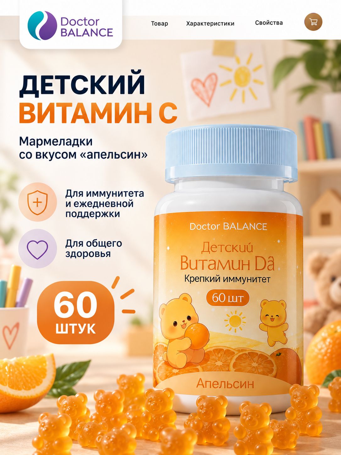 Вита-мармеладки с витамином C для детей Doctor Balance Витамин C, со вкусом Апельсин 60 штук.