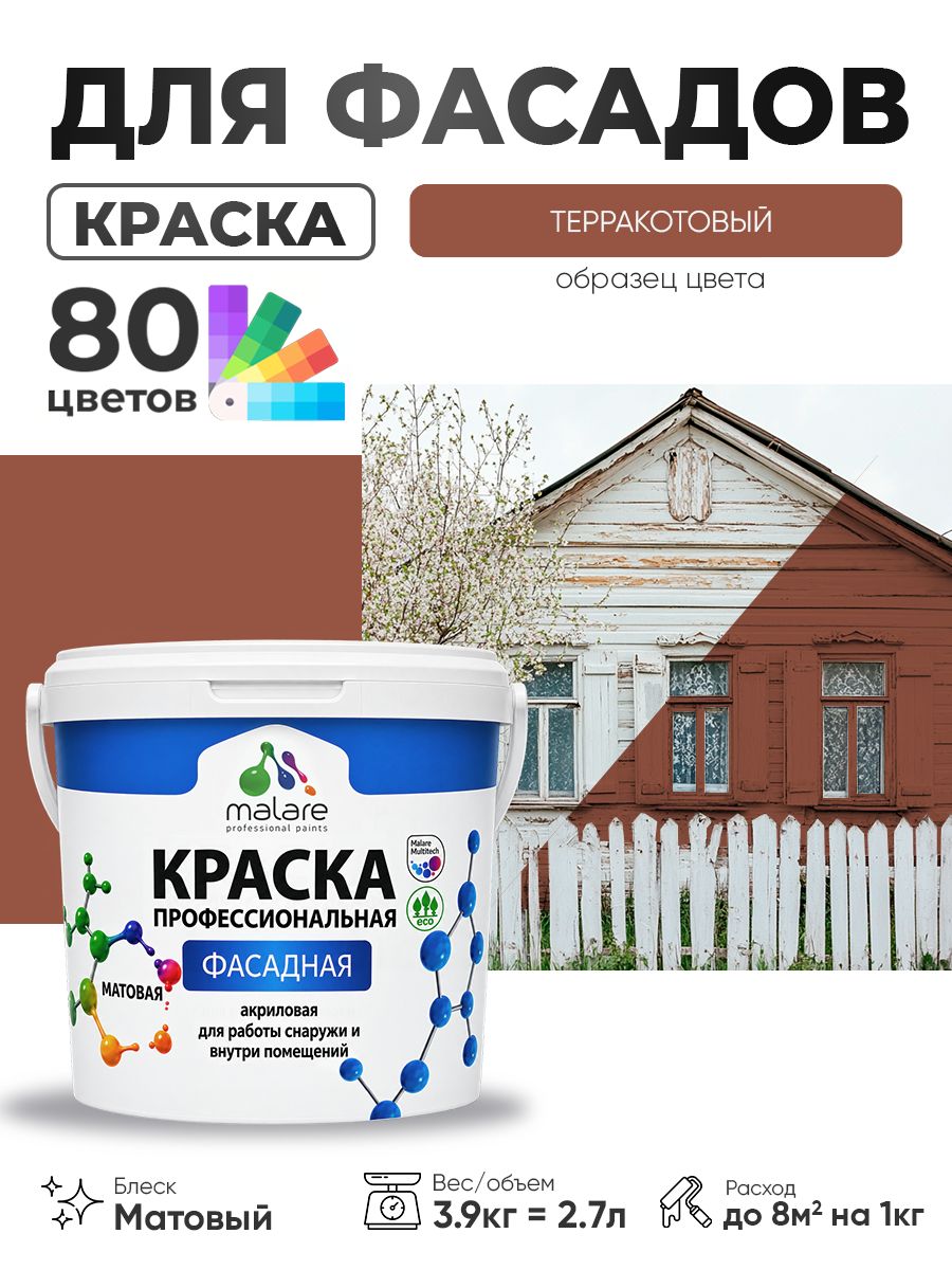 Краска фасадная для наружных работ Malare Professional для дерева по бетону, для минеральных поверхностей, акриловая быстросохнущая без запаха, матовая, терракотовый, (2.7л - 3.9кг)