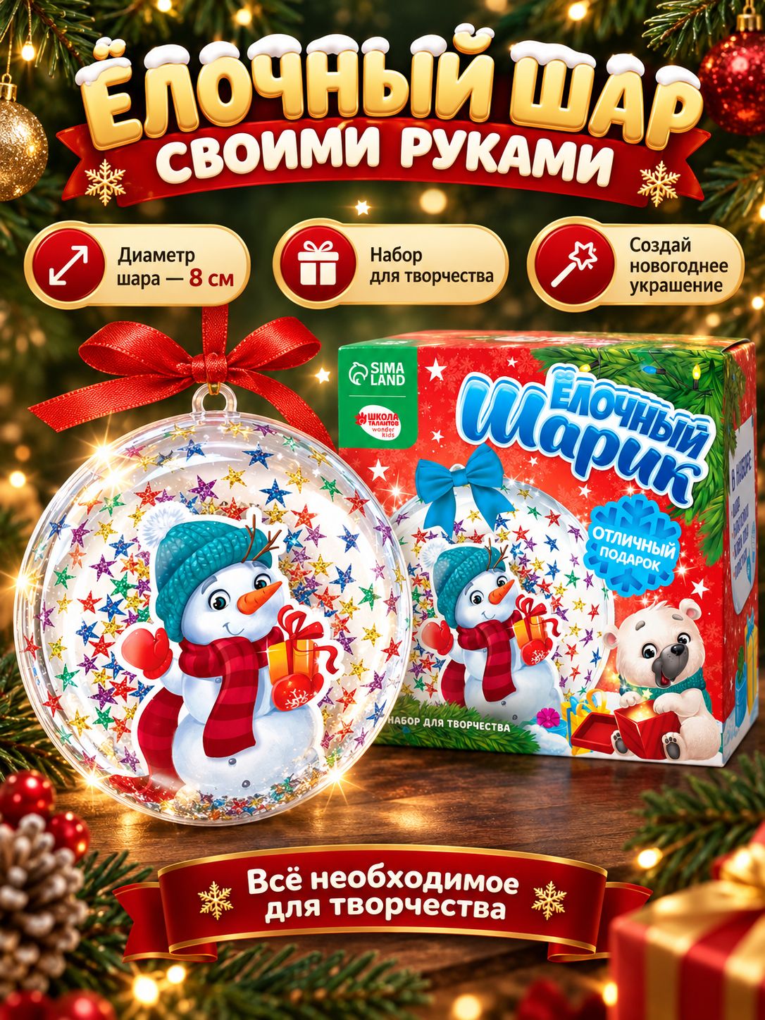 Елочный шар своими руками, "Снеговик", 8 см, новогодние подарки для детей, набор для творчества детский