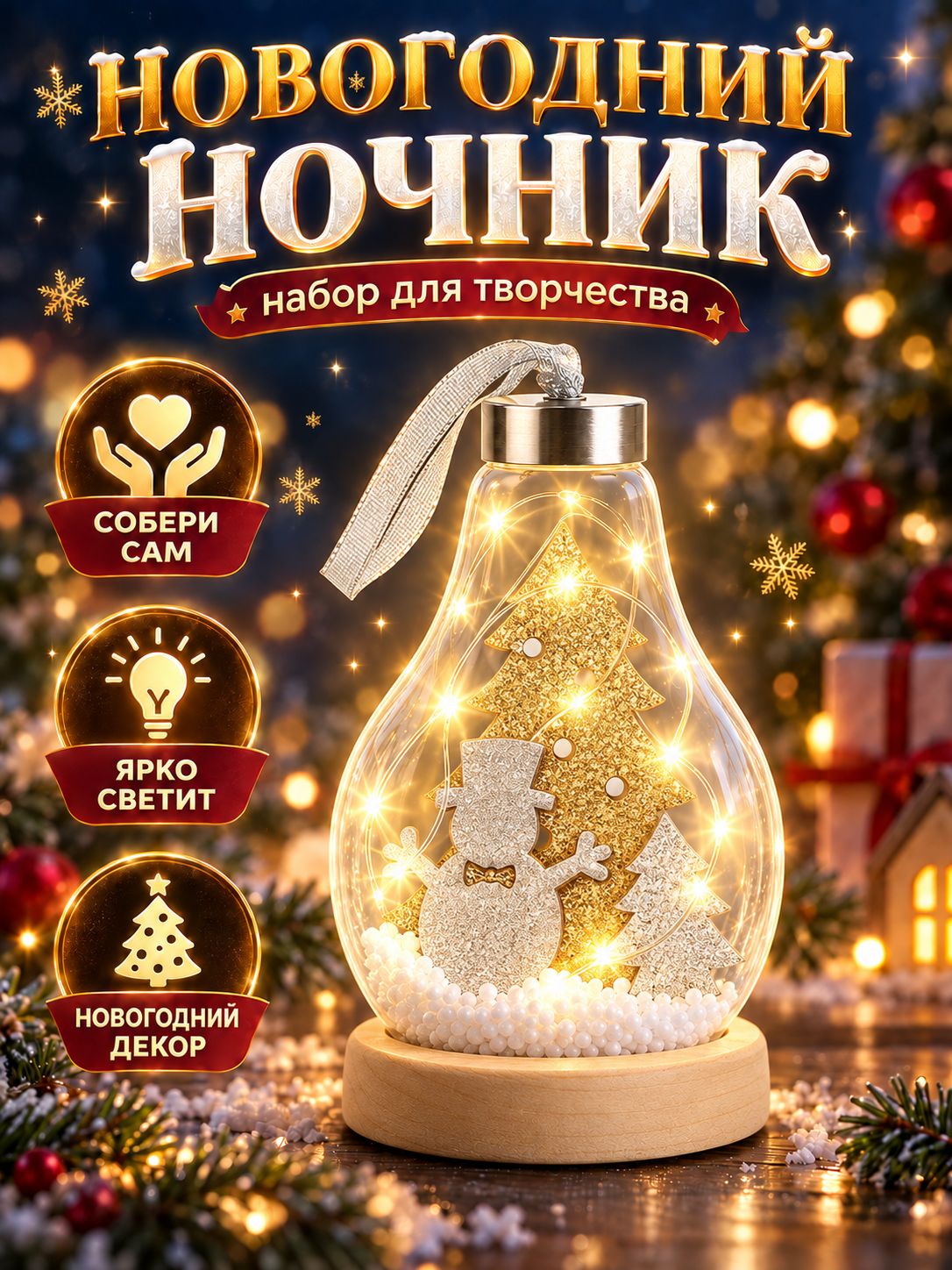 Набор для творчества новогодний, "Снеговик в лампе", 15 см, ночник своими руками, новогодний подарок для детей 2027