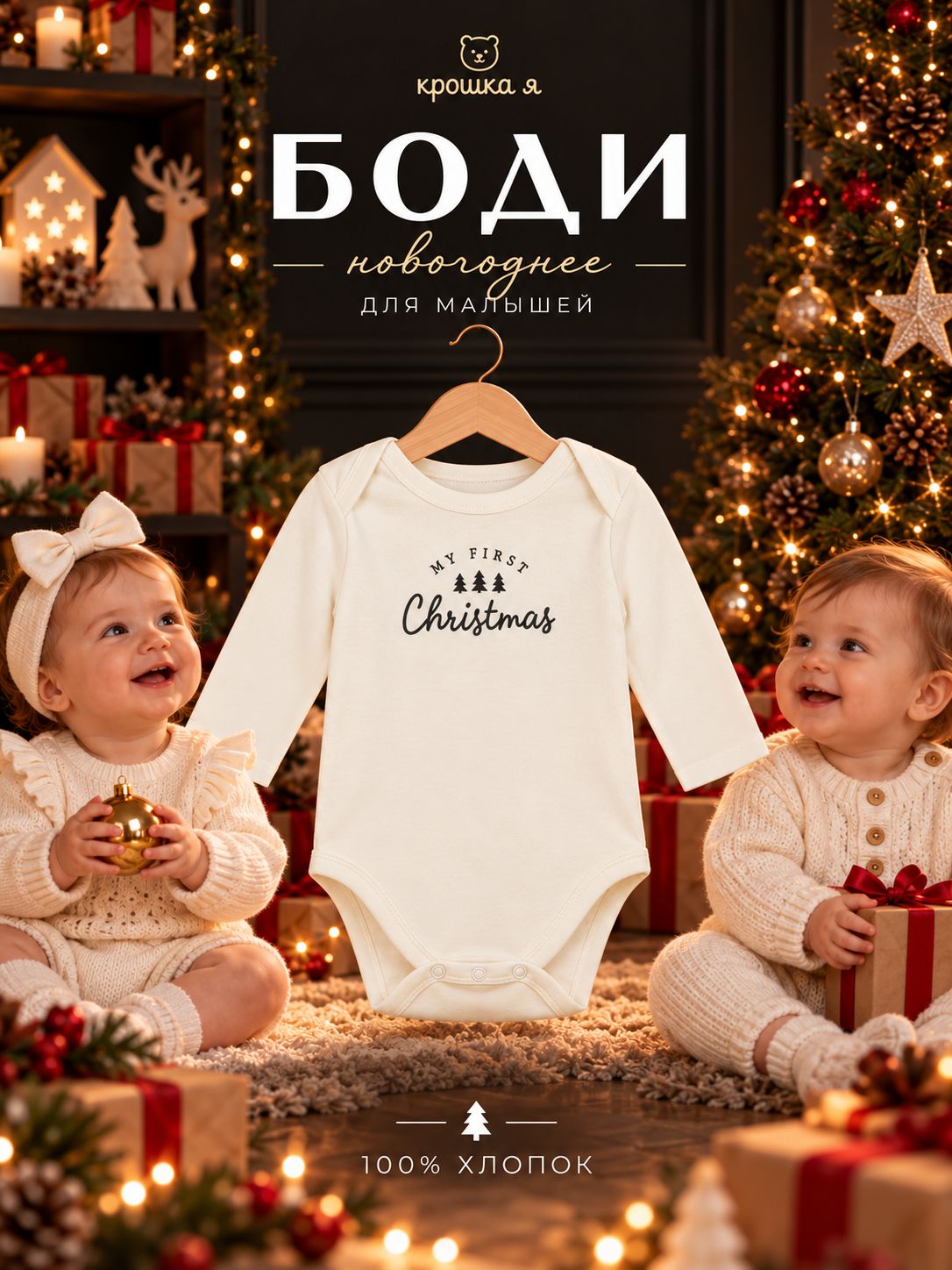 Боди новогоднее для новорожденных с длинным рукавом Крошка Я Christmas, рост 74-80, бежевый