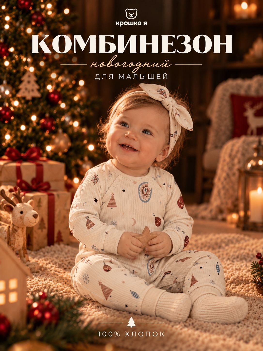 Комбинезон для девочки новогодний Крошка Я Новогодние игрушки с повязкой, рост 74-80 см