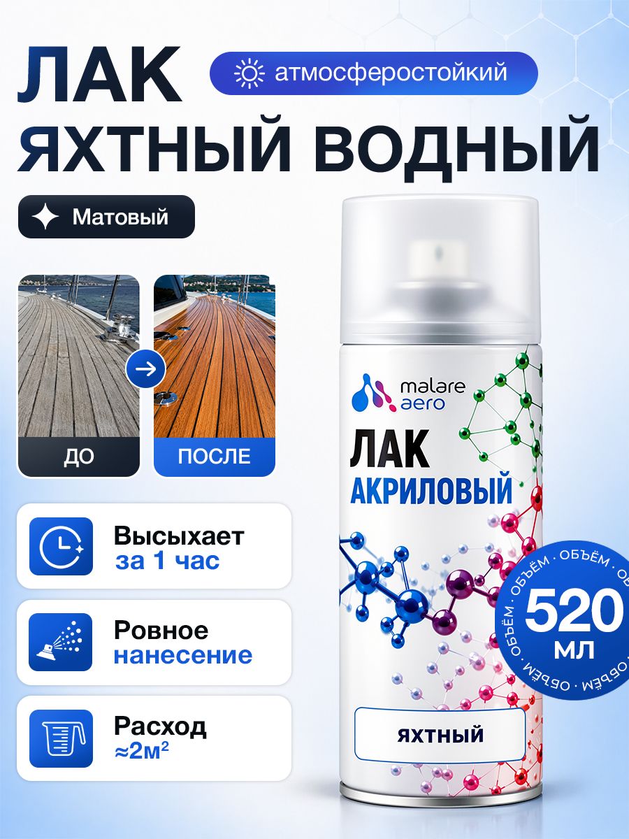 Лак яхтный Malare для дерева, акриловый быстросохнущий, бесцветный, матовый, 520 мл.