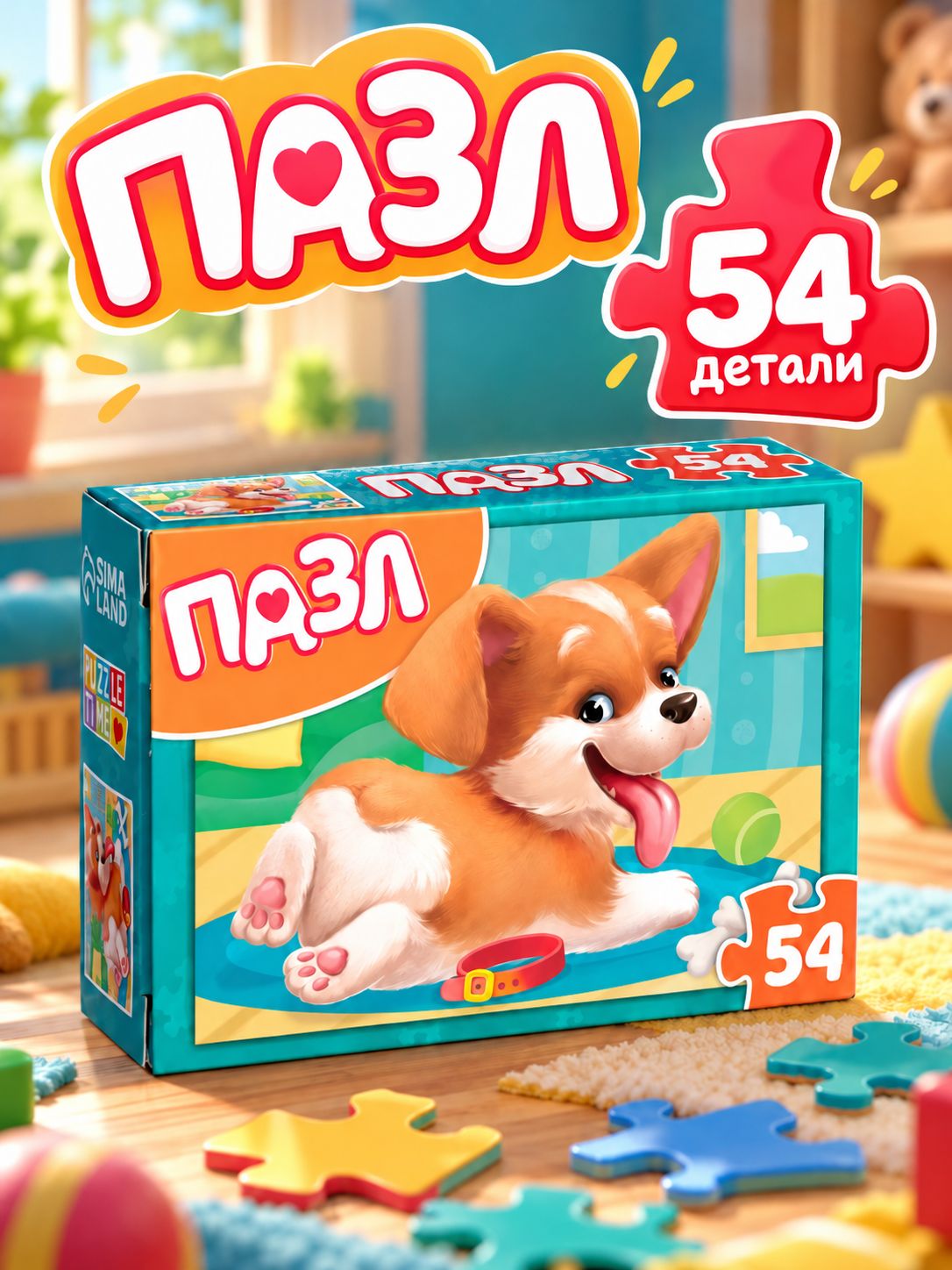 Пазлы для детей 3 лет, "Корги", Puzzle Time , 54 элемента, пазл детский