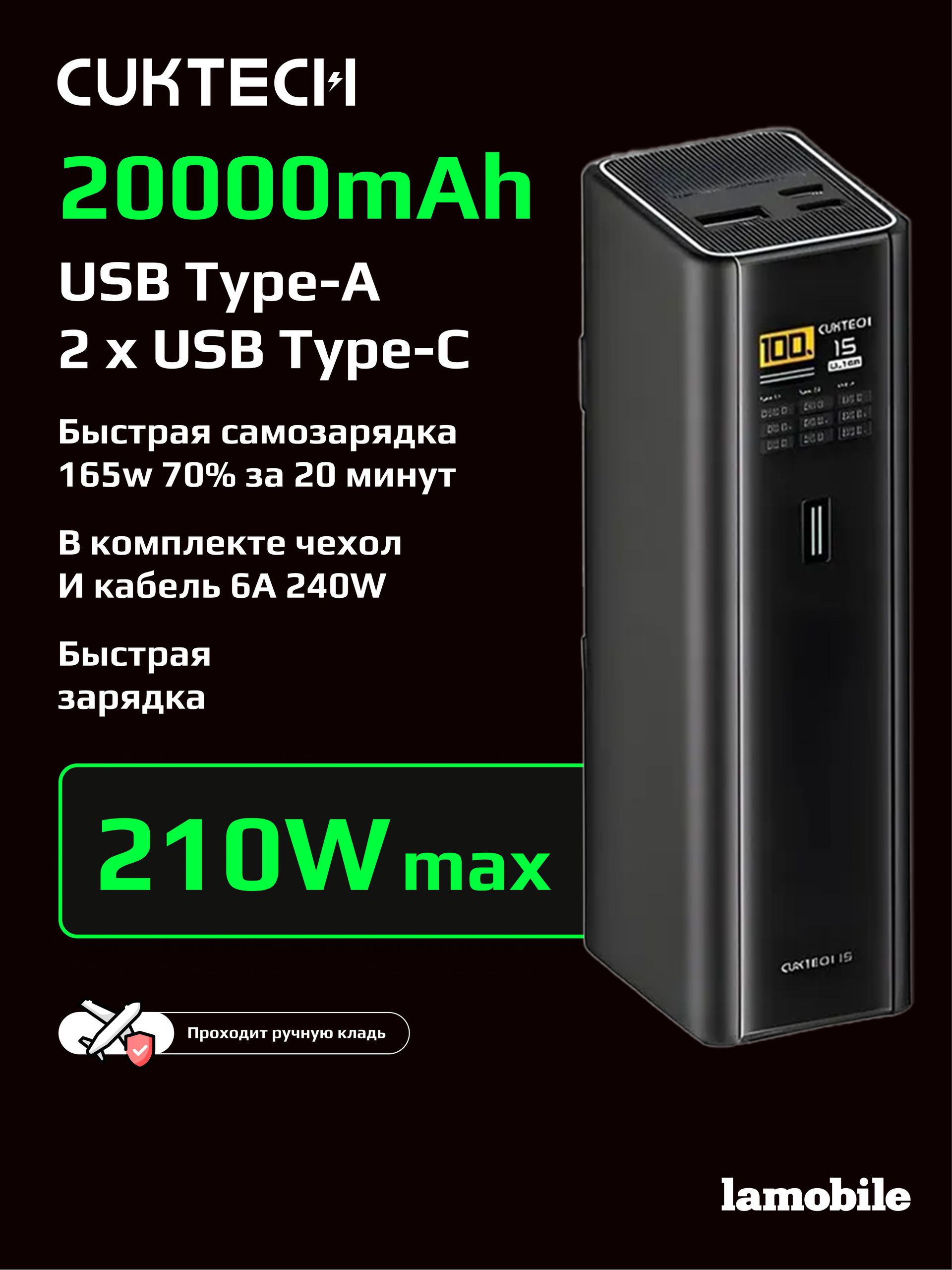 Внешний аккумулятор Power Bank CUKTECH PB200U 20000mAh (Black)