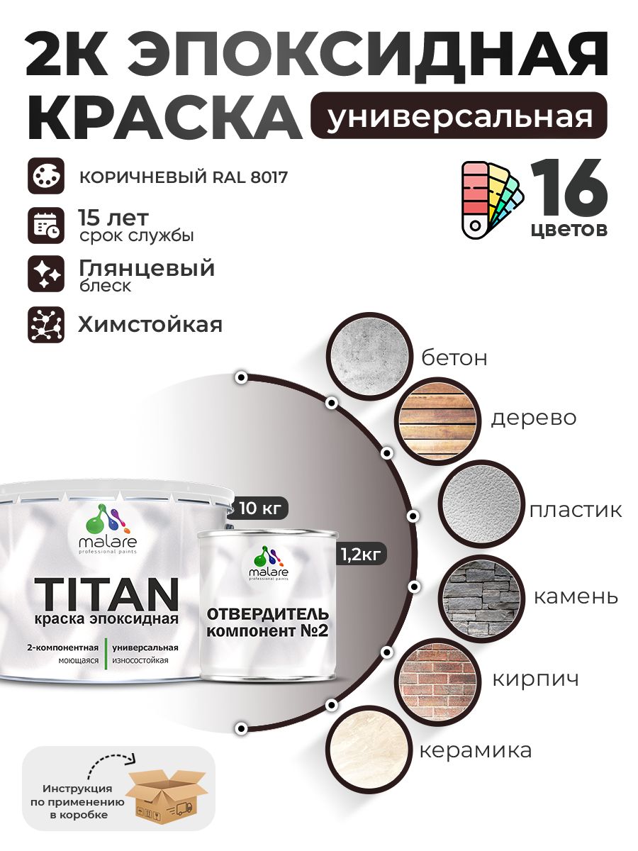 2К Эпоксидная краска Malare TITAN универсальная, двухкомпонентная влагостойкая высокопрочная износостойкая, RAL 8017 коричневый, глянцевая, (10 кг + 1,2кг отвердитель)