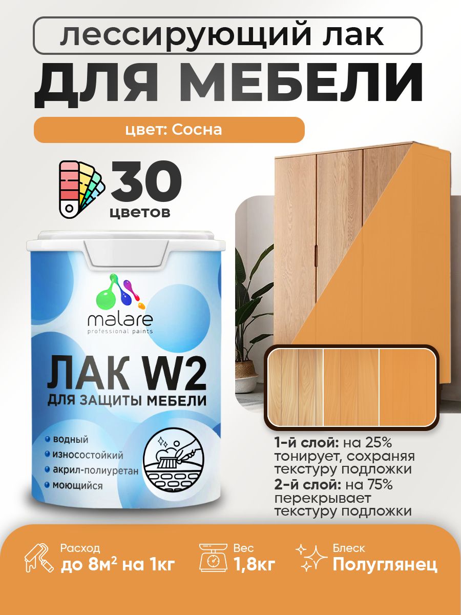 Лак колерованный тонирующий лак для мебели Malare W2 для кухонных фасадов, для дерева и минеральных поверхностей, акриловый быстросохнущий без запаха, полуглянцевый, сосна, 1.8 кг.