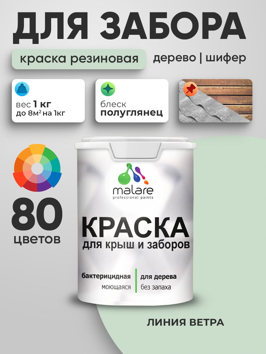 Резиновая краска Malare для деревянного забора/ по дереву для наружных и внутренних работ/ быстросохнущая моющаяся без запаха полуглянцевая, линия ветра, 1 кг.