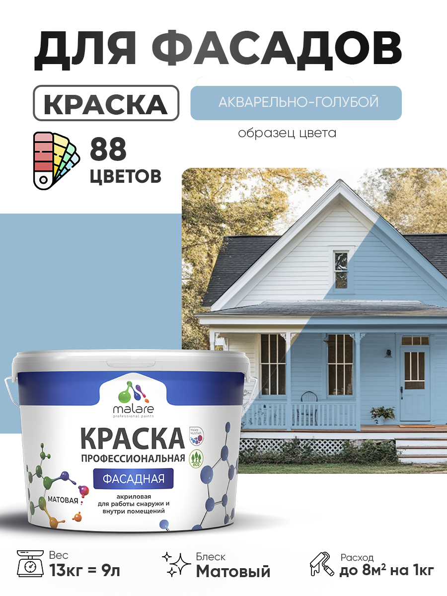 Краска фасадная для наружных работ Malare Professional для дерева по бетону, для минеральных поверхностей, акриловая быстросохнущая без запаха, матовая, акварельно-голубой, (9л - 13кг)