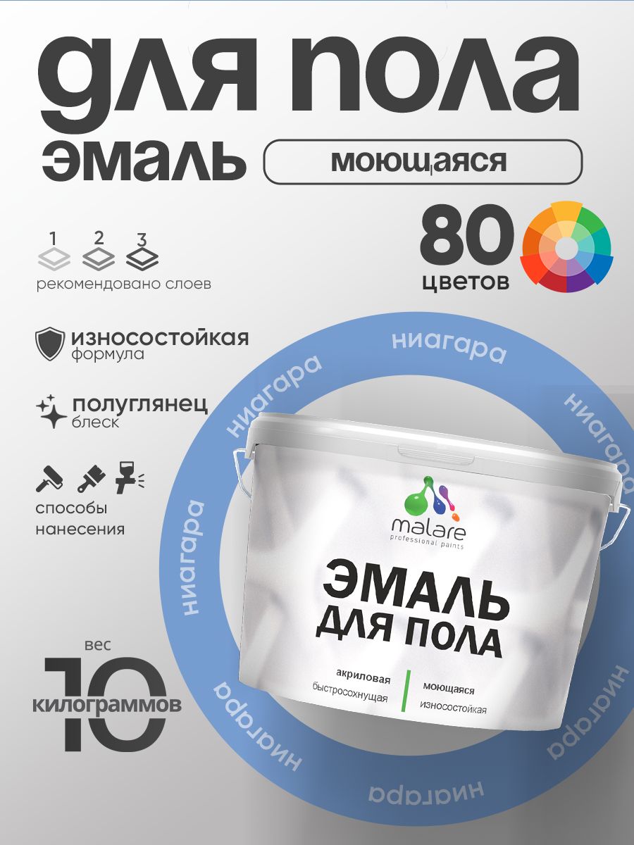 Эмаль для пола акриловая Malare краска для бетонных полов по дереву/ износостойкая без запаха, быстросохнущая моющаяся полуглянцевая, ниагара, 10 кг