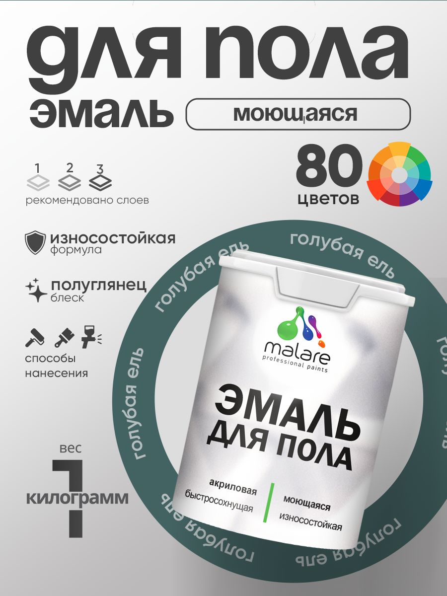 Эмаль для пола акриловая Malare краска для бетонных полов по дереву/ износостойкая без запаха, быстросохнущая моющаяся полуглянцевая, голубая ель, 1 кг