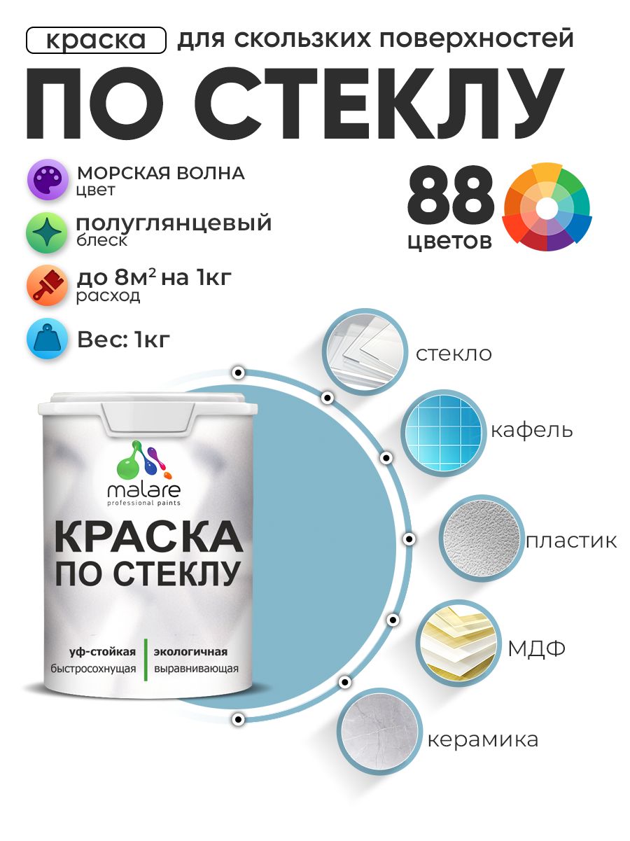 Краска Malare по стеклу и керамике, для декора и творчества, акриловая без запаха, быстросохнущая, моющаяся, полуглянцевая, морская волна, 1 кг