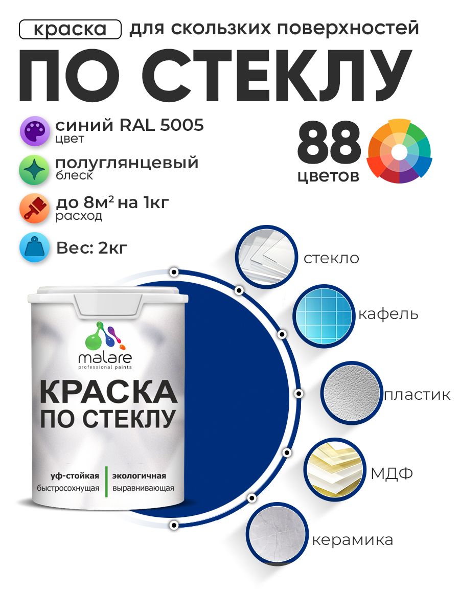 Краска Malare по стеклу и керамике, для декора и творчества, акриловая без запаха, быстросохнущая, моющаяся, полуглянцевая, синий, 2 кг