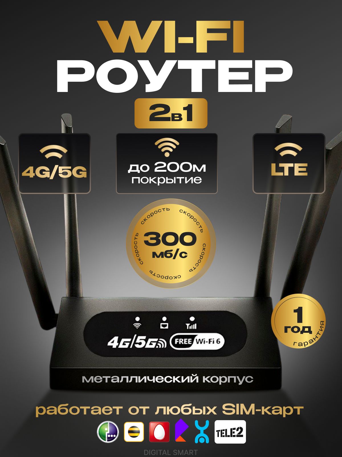 РоутерWIFI6ссимкартой4G/5G,скоростьдо300Мбит/с,покрытиедо200метров,до48устройств