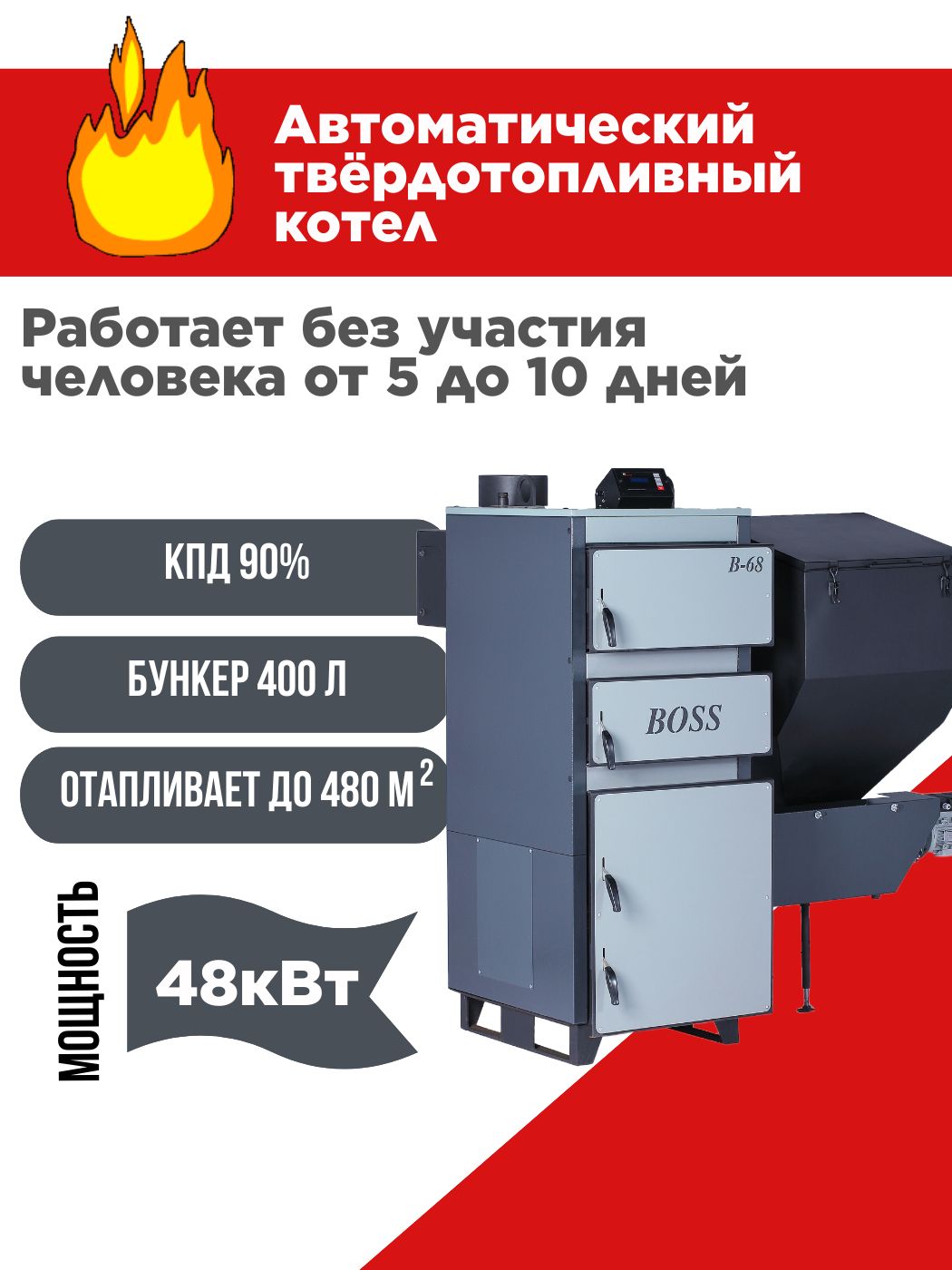 АвтоматическийтвердотопливныйкотелBOSS48кВтугольный480квмРоссия
