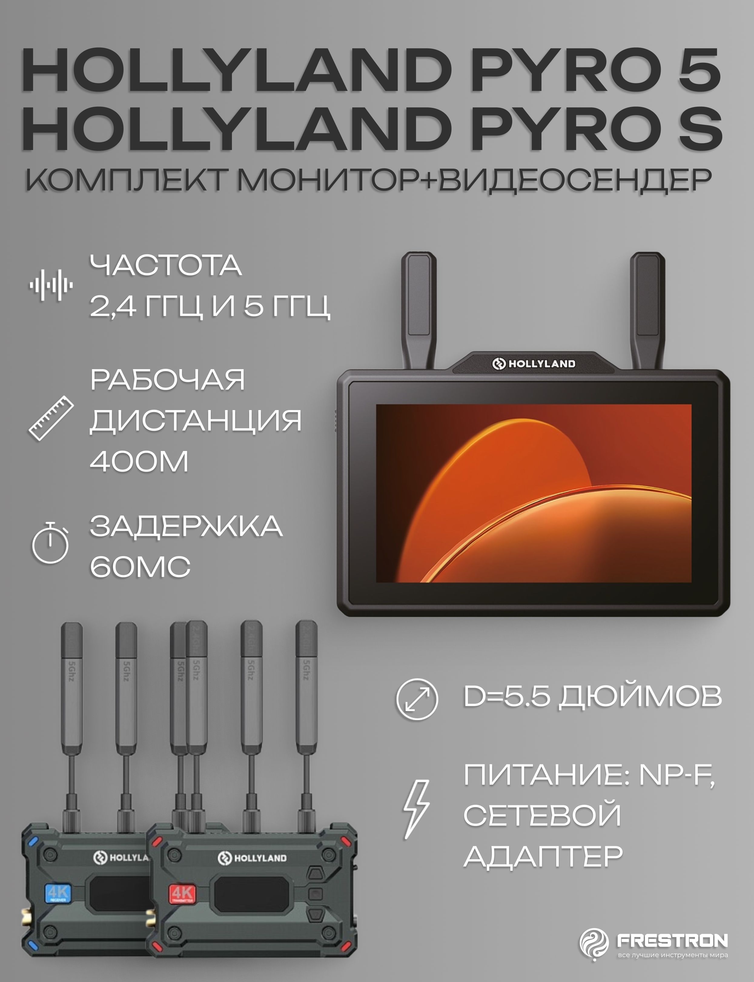 Pyro5 Видеосистема Монитор-трансивер+видеосендер Hollyland Pyro 5+Pyro S, 2 ...