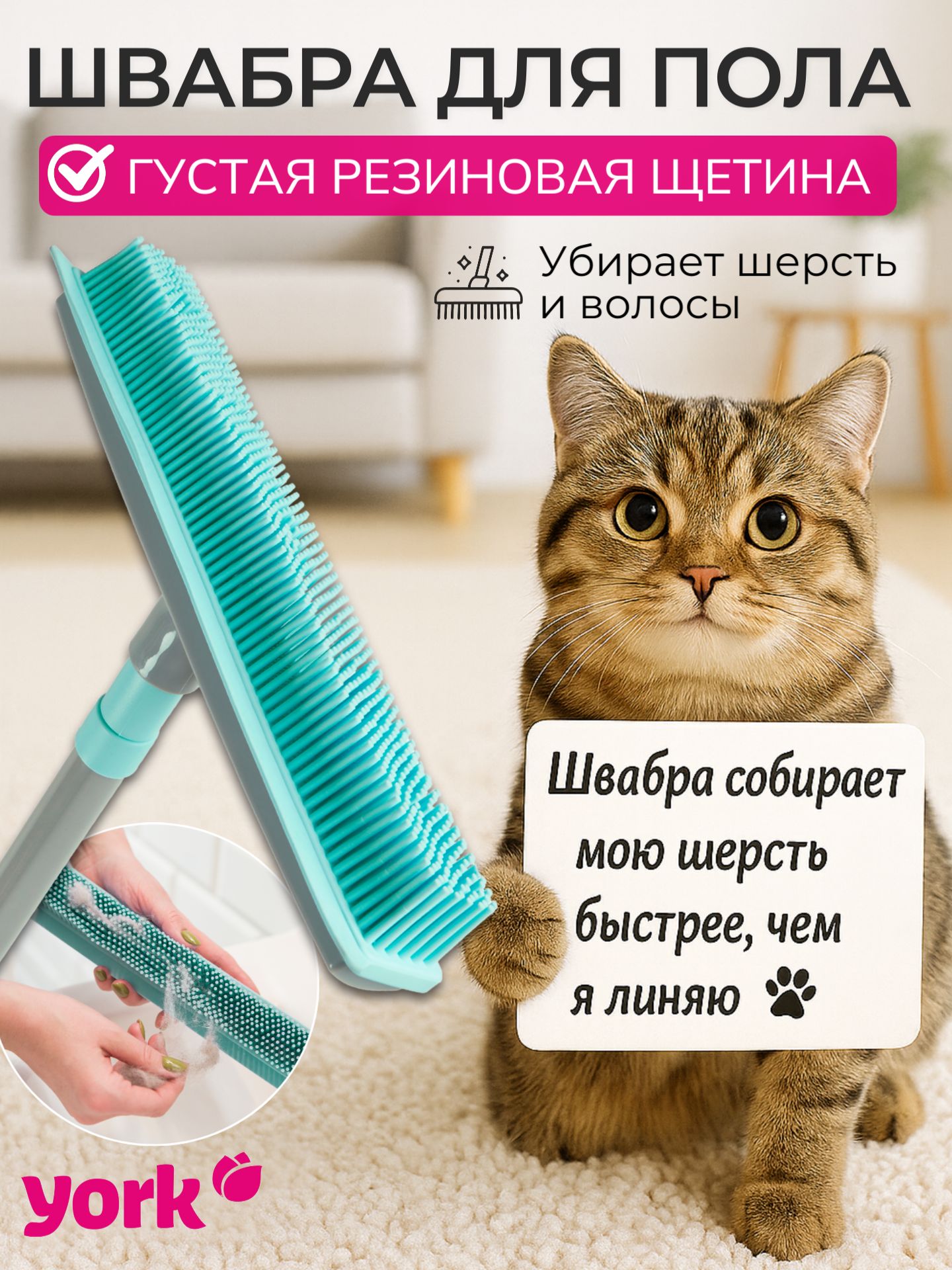 YorkШвабрарезиноваядляуборкишерстииволос,сантистатическимэффектом,щеткасиликоноваясводосгоном