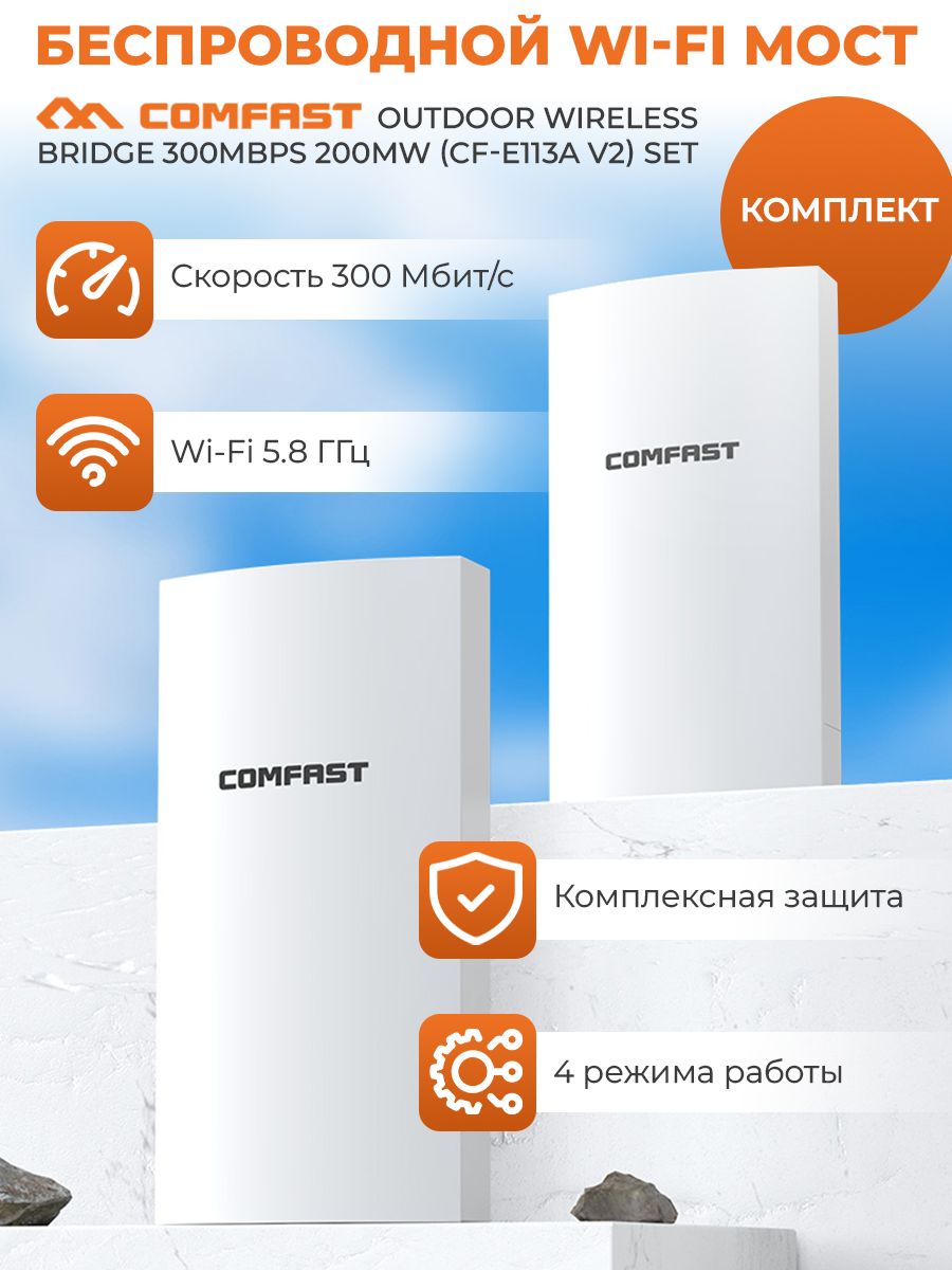 Комплект(2шт.)Wi-FiмостCOMFASTOutdoorWirelessBridge300Mbps200mW(CF-E113AV2)Set