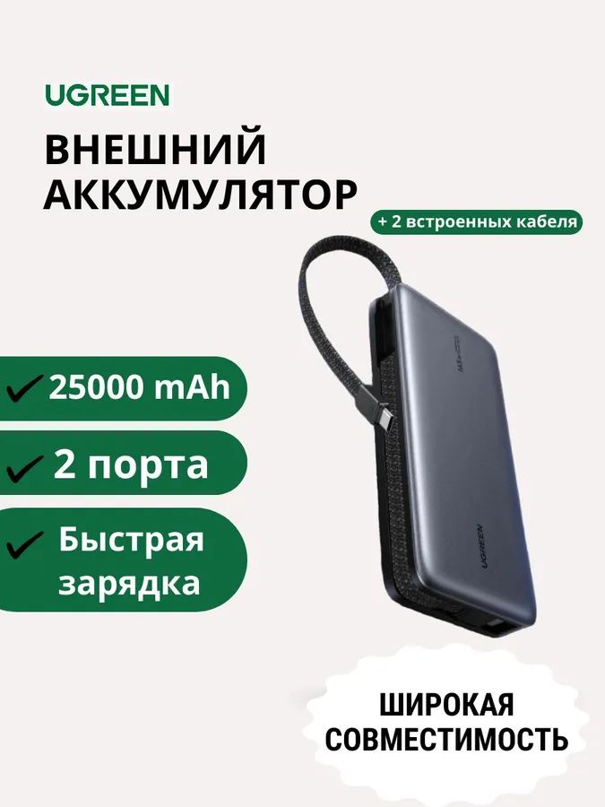 ВнешнийаккумуляторPB552(55995)PD3.125000mAh,165WUSB-C+USB-A+2встроенныхкабеля,серый/повербанк