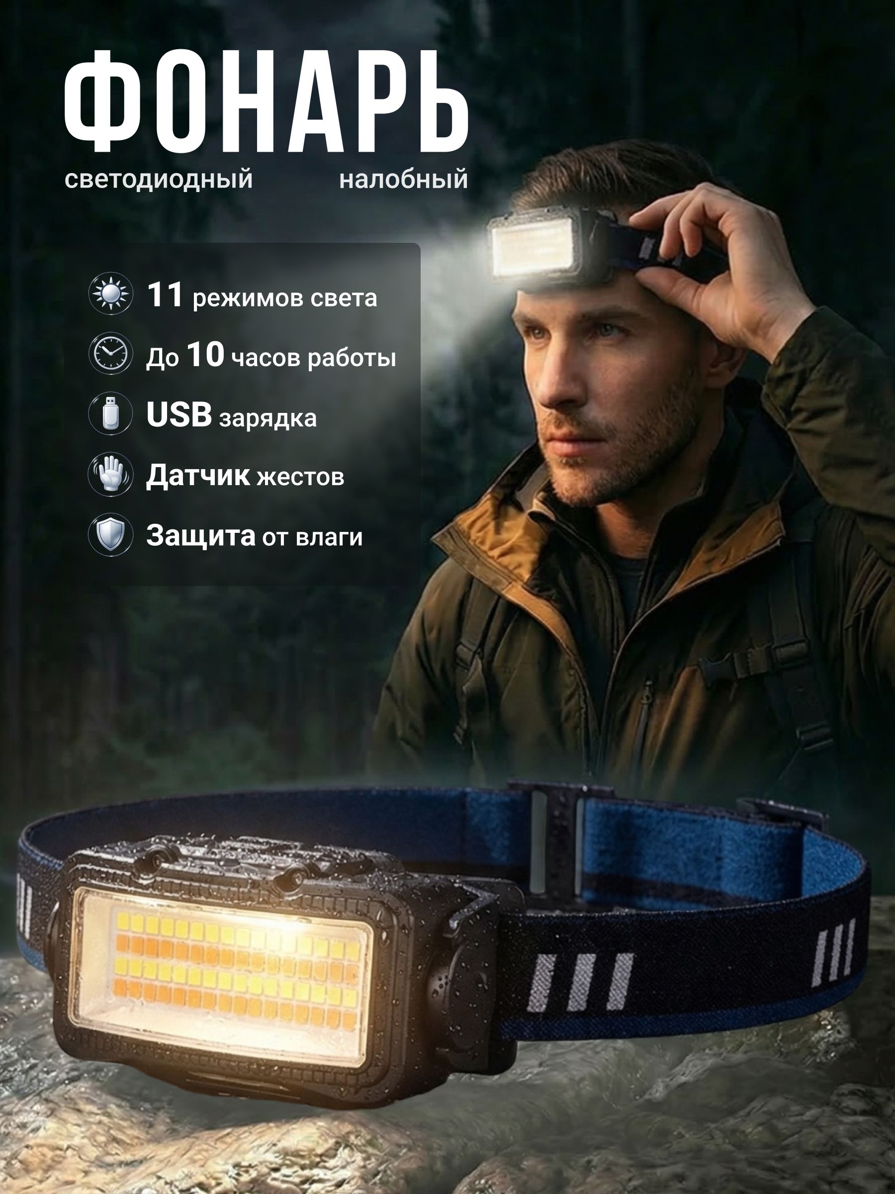 Фонарьналобныйаккумуляторный,светодиодный