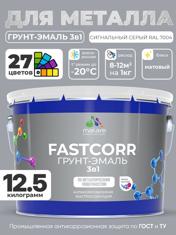 Грунт-эмаль по ржавчине 3 в 1 Malare FastCorr краска для металла, антикоррозионная износостойкая быстросохнущая RAL 7004, сигнальный серый, матовая, 12,5 кг.