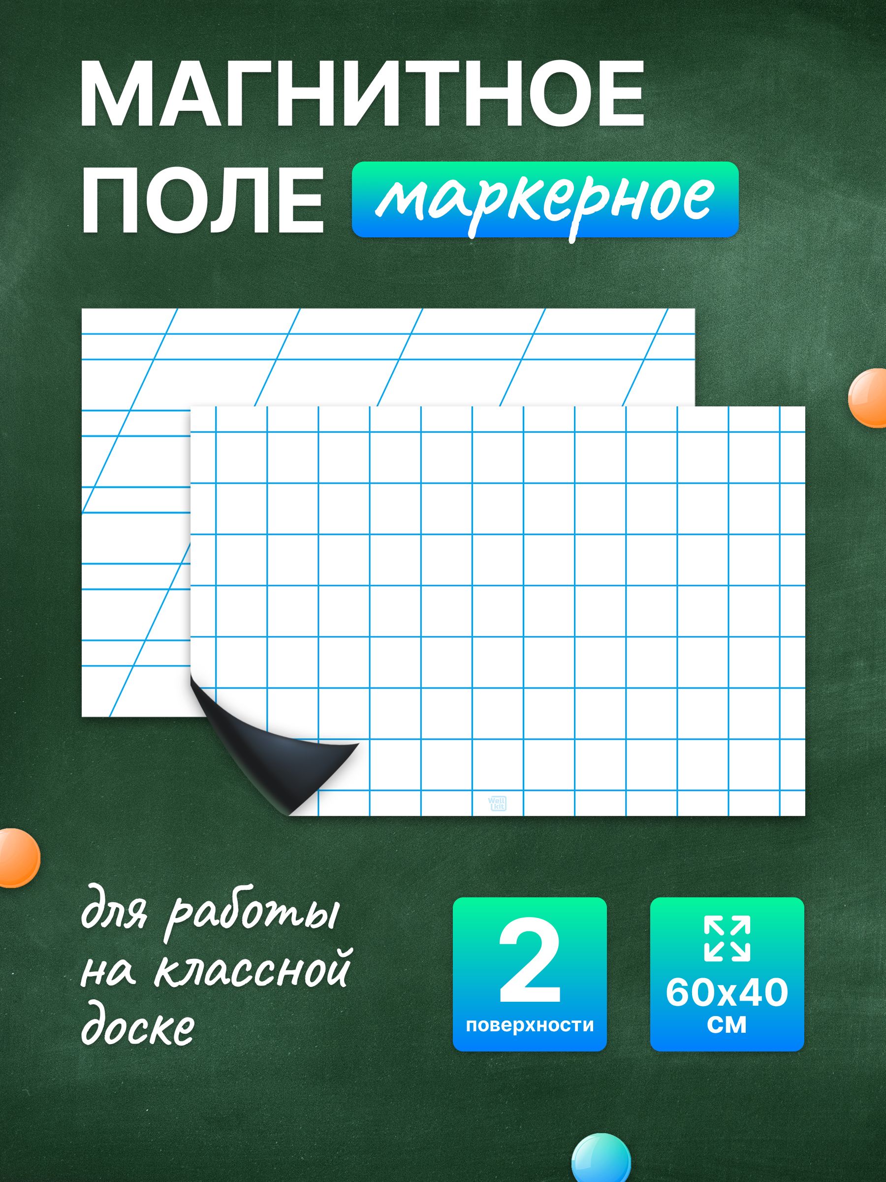 Разлиновка магнитная для школьной доски комплект, клетка + редкая косая линия 60х40 см. WellKit