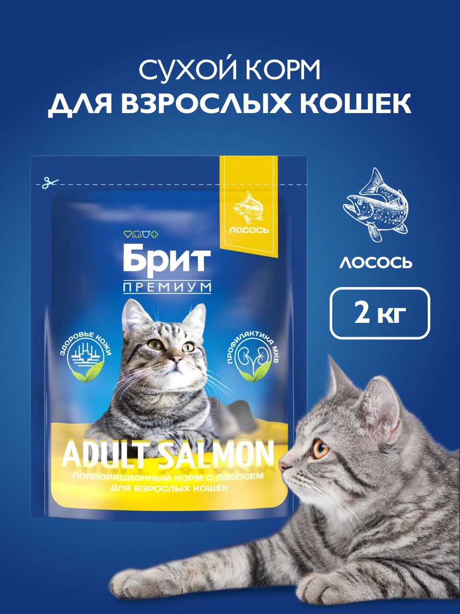 Корм для взрослых кошек сухой, Брит Премиум с лососем, 2 кг