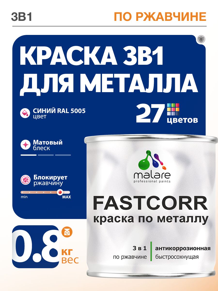 Краска для металла по ржавчине Malare FastCorr, для наружных работ износостойкая, быстросохнущая RAL 5005 синий, матовая, 0,8 кг