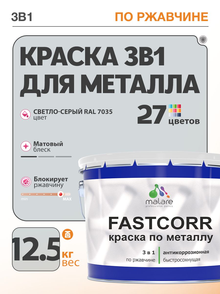 Краска для металла по ржавчине Malare FastCorr, для наружных работ износостойкая, быстросохнущая RAL 7035 светло-серый, матовая, 12,5 кг