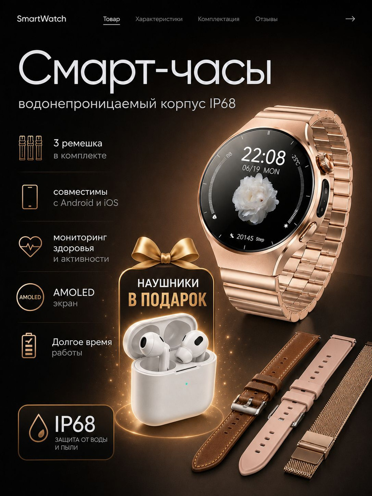 Смарт часы женские, AMOLED экран, 3 ремешка с наушниками, золотые #1