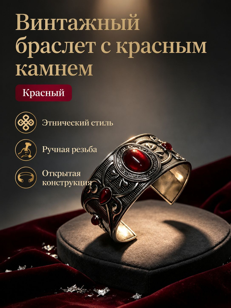 Браслет в казахском стиле, винтажный, с красным камнем и орнаментом, регулируемый, серебряный #1
