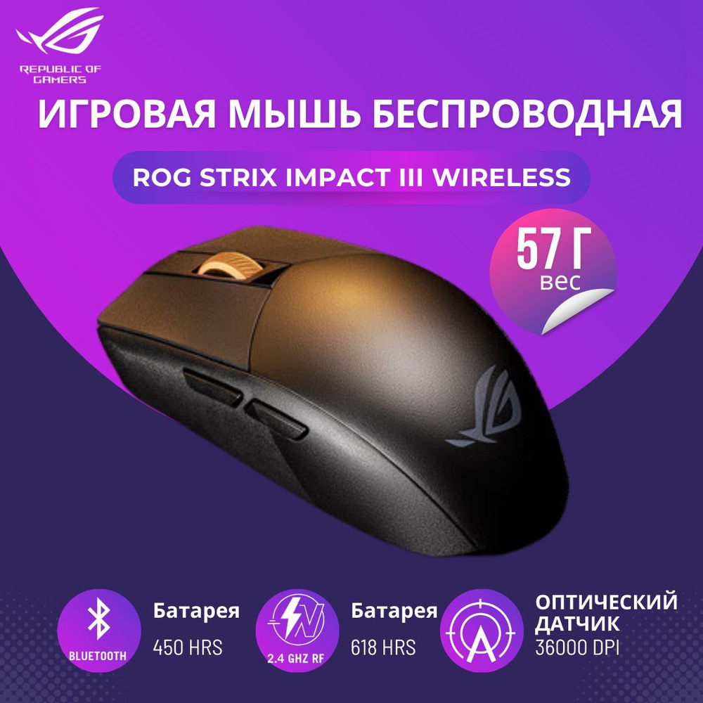 ASUS Игровая мышь беспроводная ROG Strix Impact III Wireless, черный #1