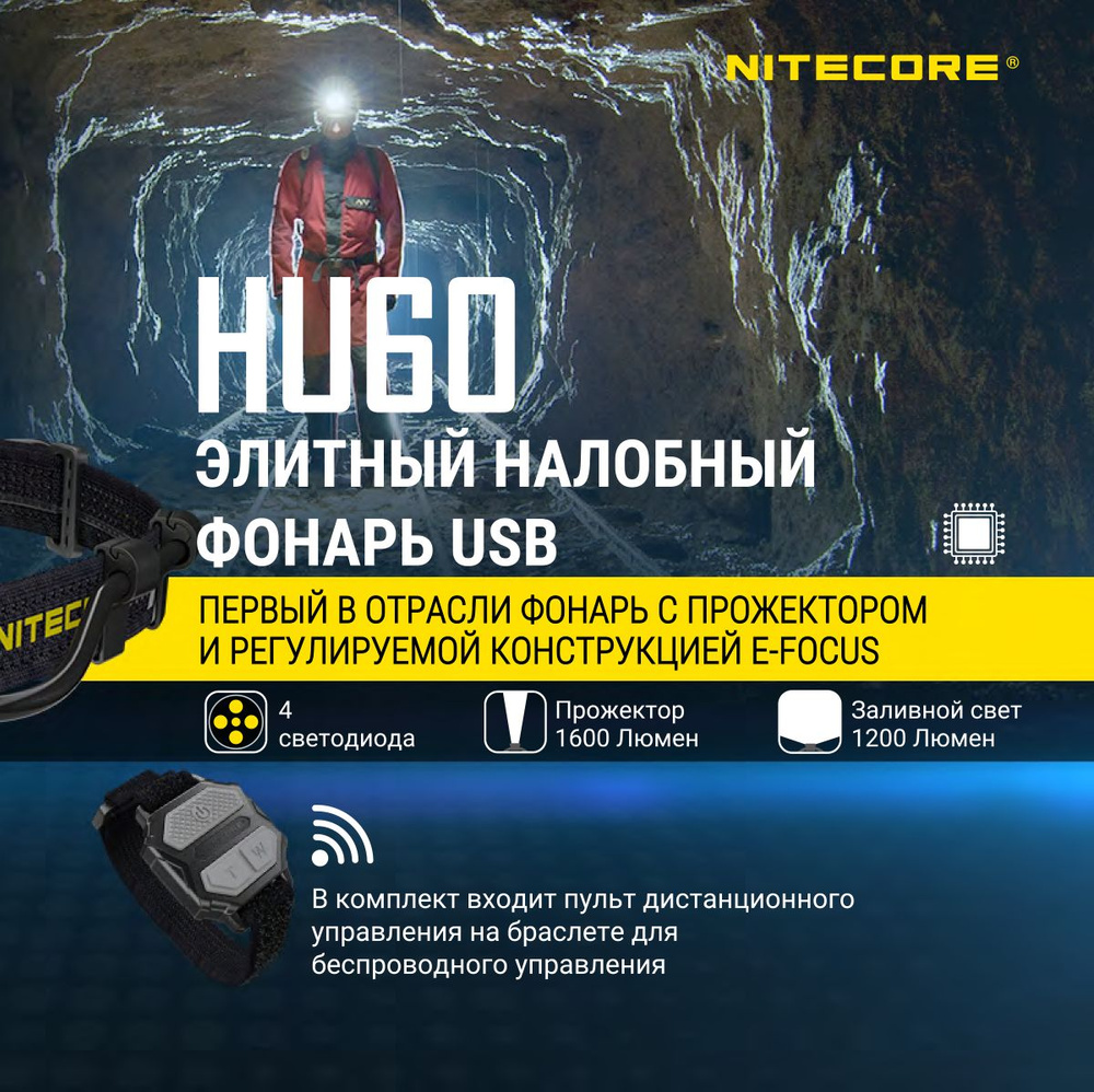 Фонарь налобный Nitecore HU60 1600 люмен, с пультом дистанционного управления  #1