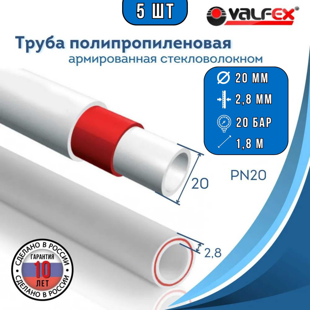 Труба 20х2.8 мм (5шт отрезков по 1,8 м) армированная стекловолокном полипропиленовая PN20 PPR-PRO Valfex #1