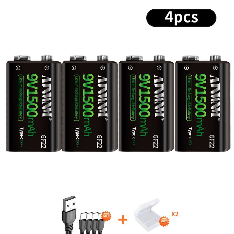 AJNWNM Аккумуляторная батарейка Крона (6F22, 1604D), 9 В, 1500 мАч, 4 ...