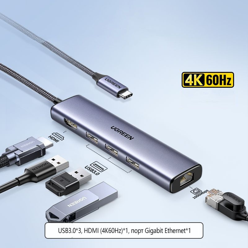 Док станция type c UGREEN, Переходник USB HUB 5в1,Интерфейс HDMI(4K60Hz ...