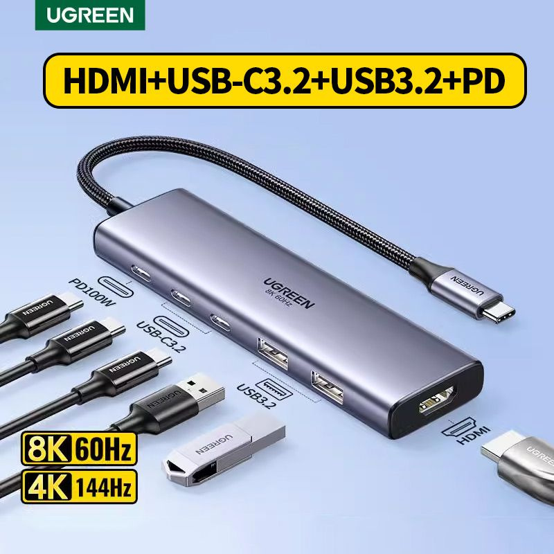 Ugreen Переходник USB HUB 6 в 1. USB разветвитель, type c HDMI, док ...