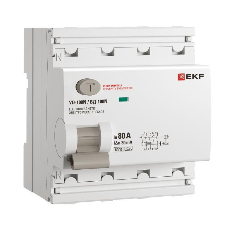 Выключатель дифференциального тока 4п 80А 30мА тип A 6кА ВД-100N электромех. PROxima EKF E1046MA8030 #1