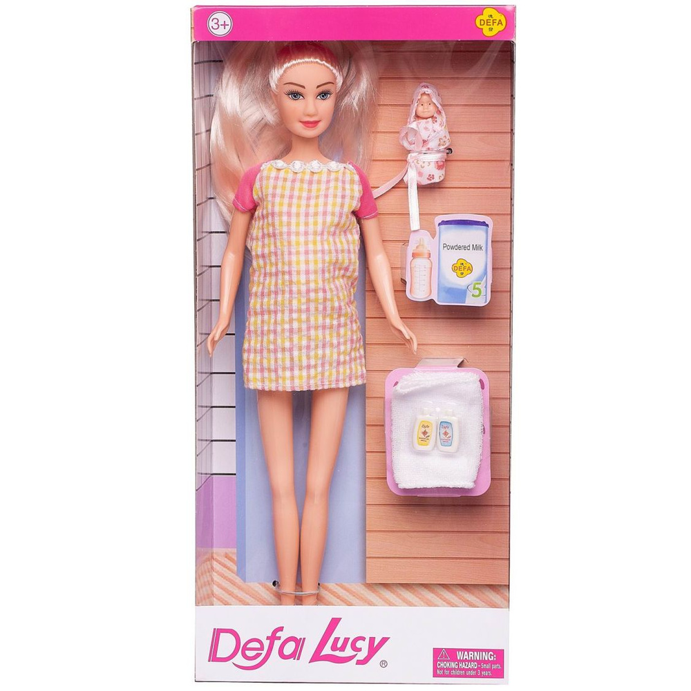 Игровой набор Кукла Defa Lucy Молодая мама в платье в клетку с розовыми рукавами, малыш и игровые предметы, #1