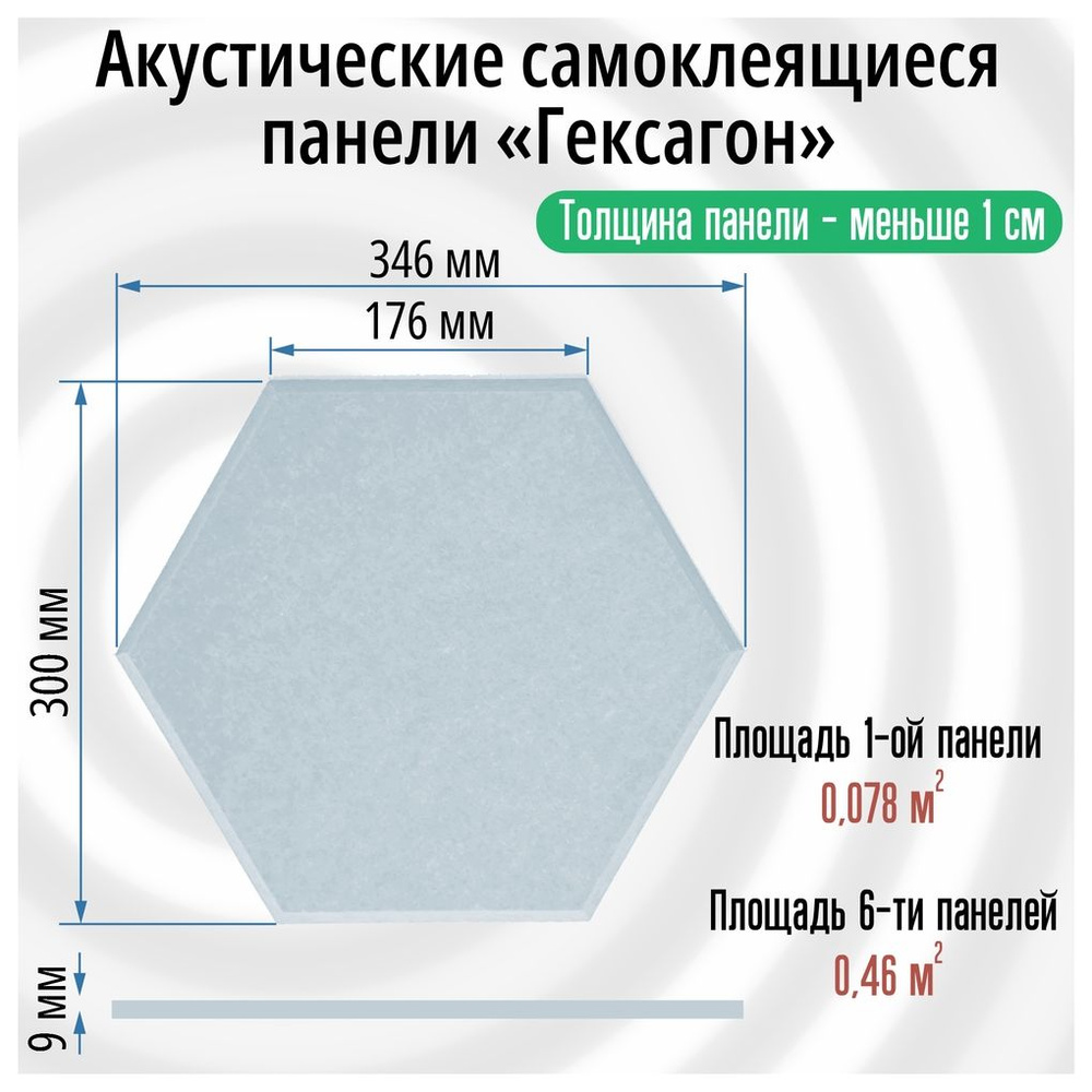 Гексагоны 6 штук 346х300х9мм (сторона 176мм), Самоклеящиеся акустические панели, серая, звукоизоляционные #1