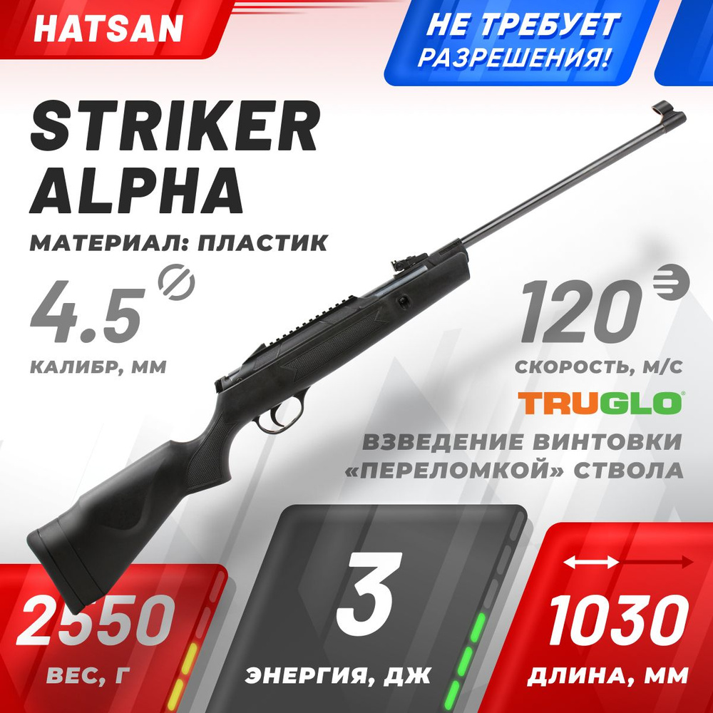 Пневматическая винтовка Hatsan Винтовка пневматическая Striker Alpha 3 Дж.  Кал. 4,5мм (переломка. Пластик), калибр 4,5, до 3 Дж - купить по доступным  ценам в интернет-магазине OZON (1003818966)