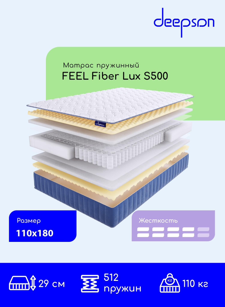 Матрас, ортопедический Deepson FEEL Fiber LUX S500 средней жесткости, Полутороспальный, Беспружинный, #1