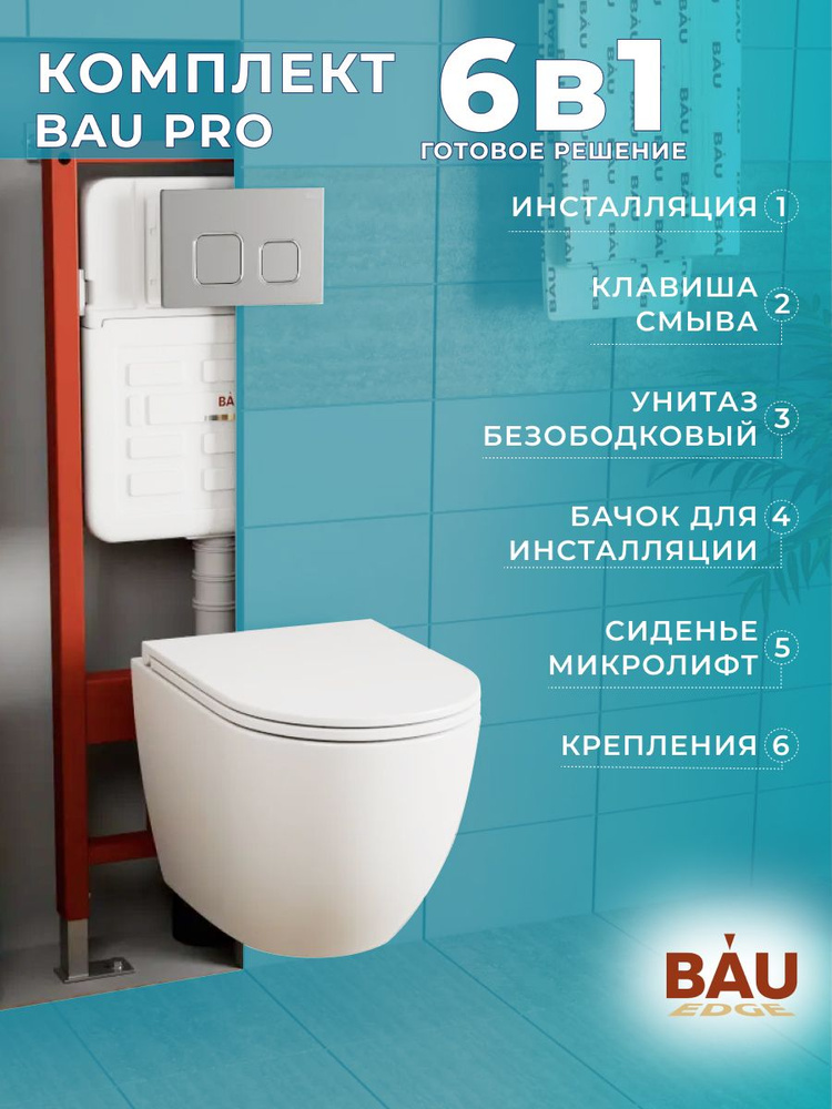 Комплект BAU 6 в 1: усиленная инсталляция BAU IDEAL, унитаз подвесной безободковый торнадо обратного #1